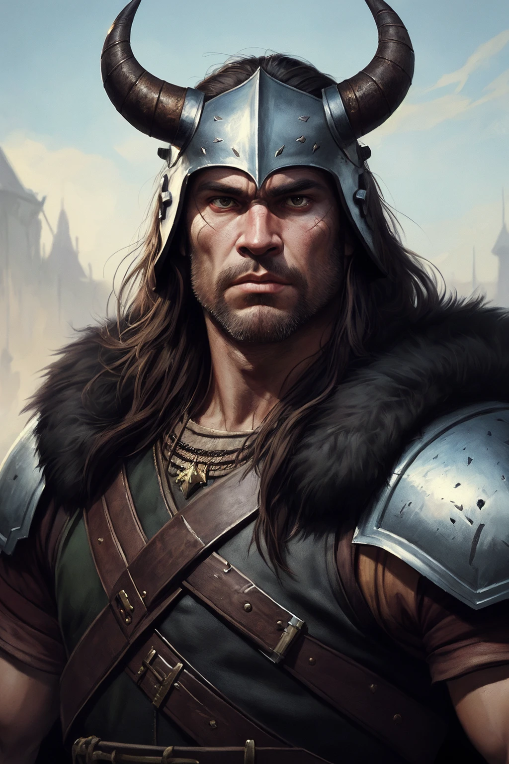 Human male barbarian warrior with horns and fur armor