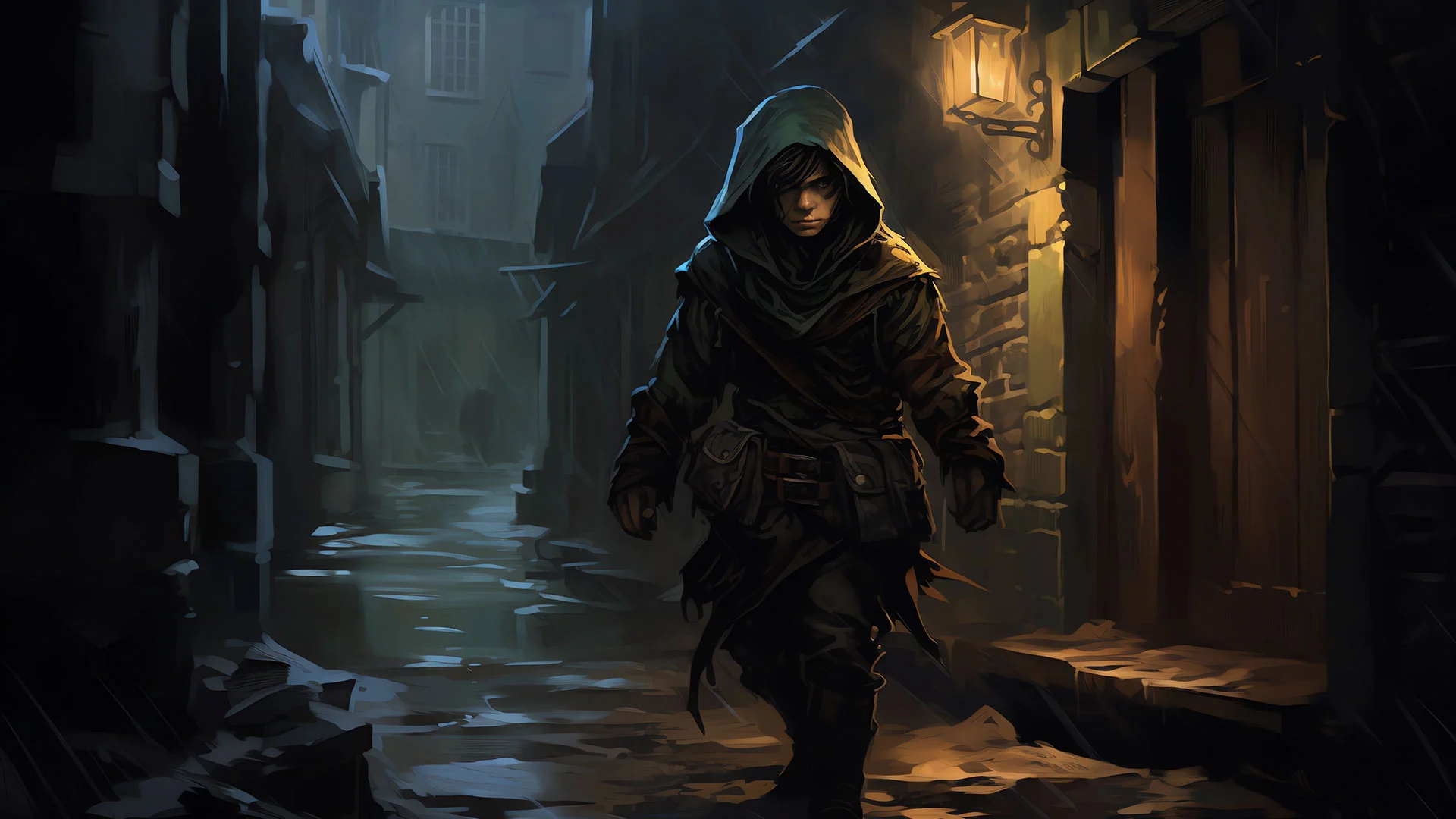 Halfling rogue character in a dark alley