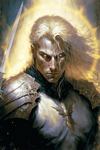 Dungeons & Dragons aasimar male paladin with glowing eyes is wearing heavy armor