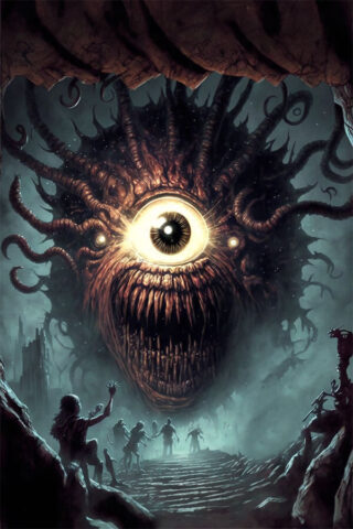 Dungeons & Dragons large beholder is attacking people in a dungeon
