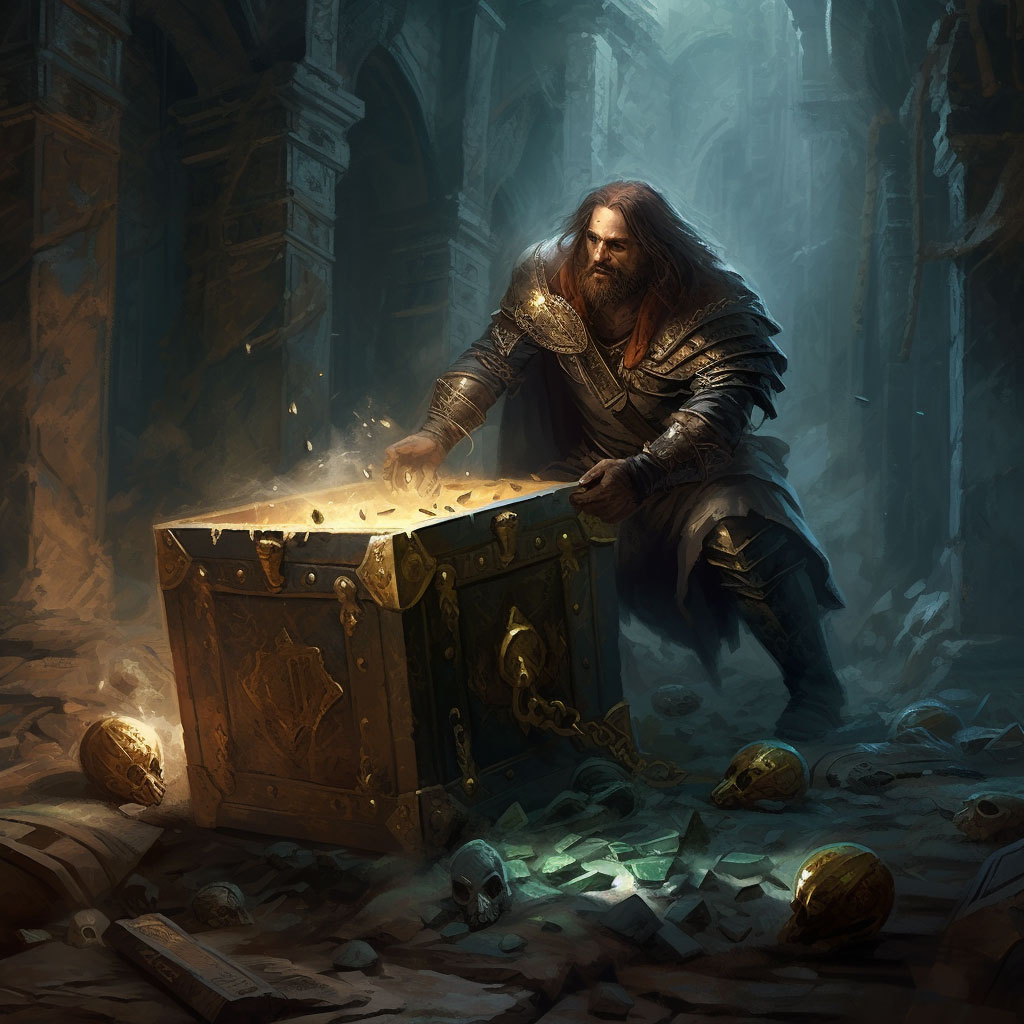 A warrior is looting a treasure chest full of free Dungeons & Dragons character art